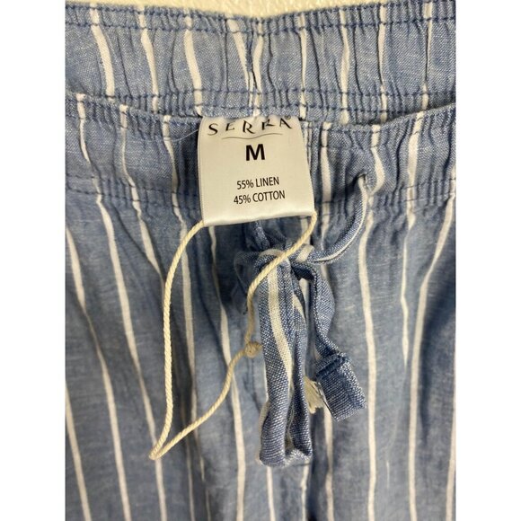 Serra Linen Blend Stripe Blue Womens Pants size Medium Lagenlook Pull on Elastic - Picture 12 of 13